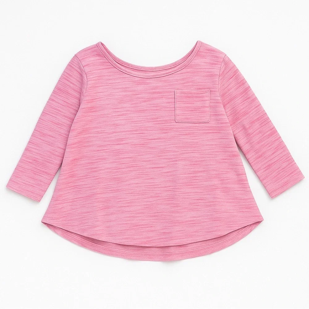 Pink Heathered Long Sleeve Girls Top With Pocket